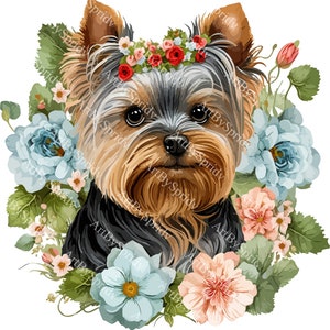 Yorkshire Terrier PNG Clipart, Yorkie with Floral Crown, Digital Clip Art for Pet Lovers, Tee, Mug Sublimation Design, Cute Dog Illustration