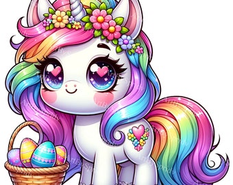 Easter Basket Unicorn Clipart | Magical Springtime Sublimation PNG | Floral Mane & Tail | Digital DIY Crafts and Decor | Kid's Party Favor