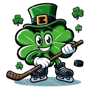 Glücksklee Eishockey Charakter digitale Clipart für St. Patricks Tag, festliche Sublimation PNG, druckbare Sofort-Download für Craft Decor