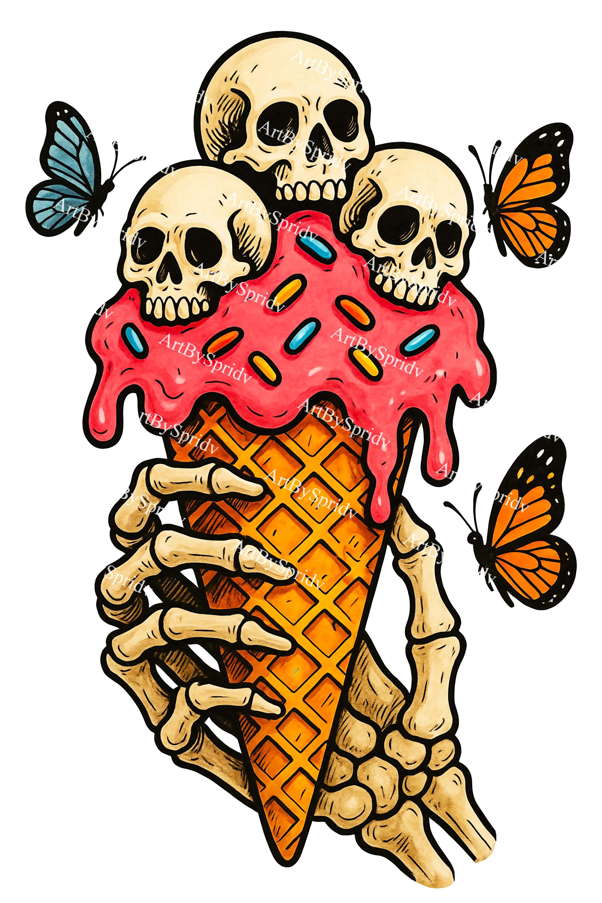 Gothic Skull Ice Cream PNG | Skeleton Hand Holding Creepy Cone