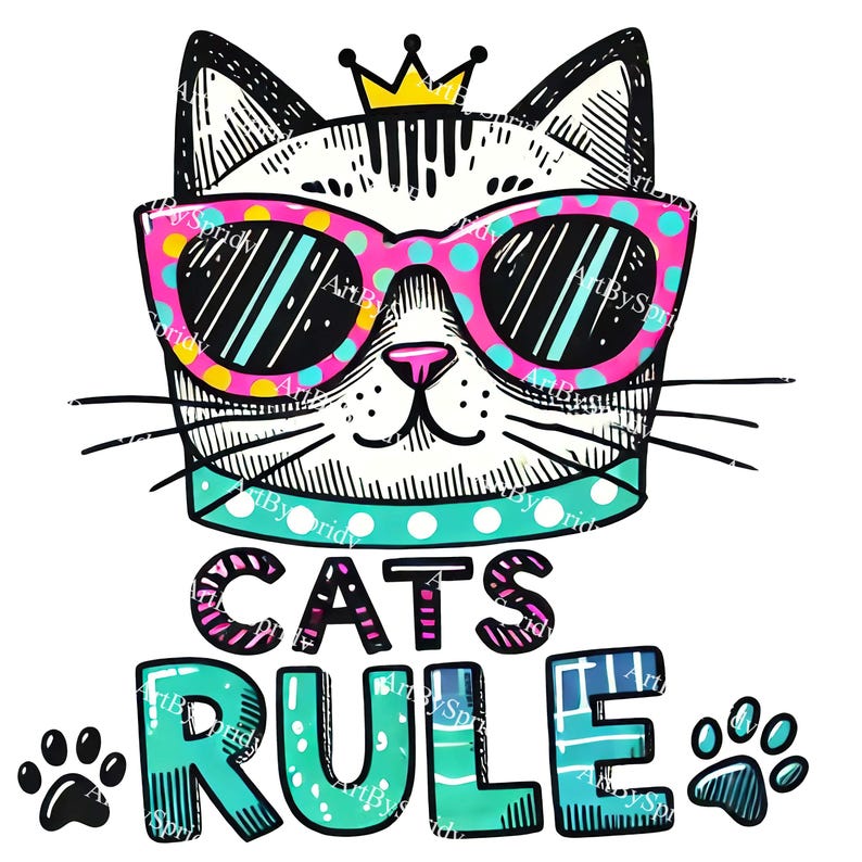 Cats Rule Clipart PNG, Cute Cat With Sunglasses&crown Illustration ...