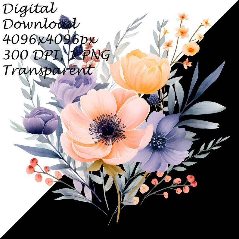 Delicate Watercolor Floral Bouquet PNG Clipart, Elegant Hand-Painted Flowers, Wedding Invites, Scrapbooking, DIY Crafts, Instant Download