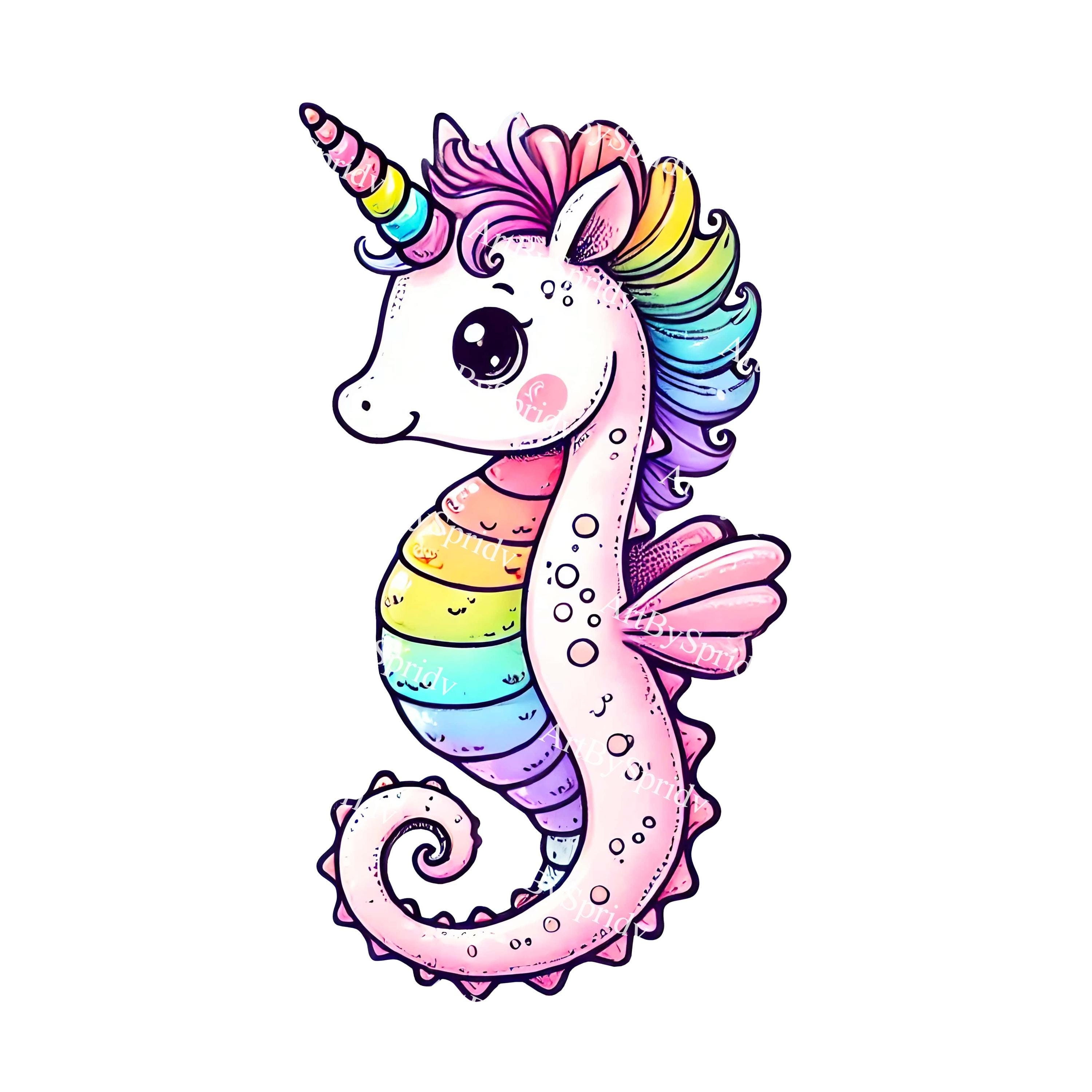 Rainbow Seahorse Unicorn Clipart, Kawaii Seahorse PNG, Cute Pastel Unicorn Seahorse Illustration, Transparent Magical Creature Clip Art