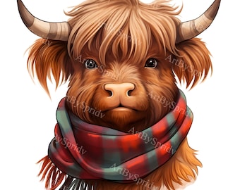 Highland Cow with Colorful Plaid Scarf PNG Clipart, Cute Farm Animal, Digital Download for DIY Crafts, T-Shirt Sublimation, Scrapbooking