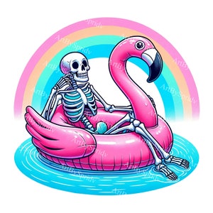 Szkielet flaminga pływający basen Clipart - różowy letni basen Party Decor, tropikalny gotyk PNG, motyw plażowy, upiorny słodki, cyfrowe pobieranie DIY Art