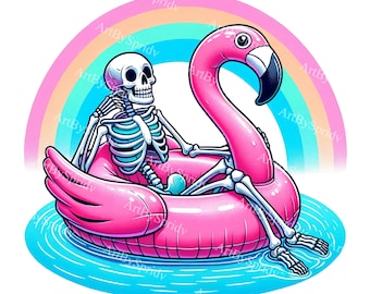 Skeleton Flamingo Pool Float Clipart - Pink Summer Pool Party Decor, Tropical Gothic PNG, Beach Theme, Spooky Cute, Digital Download DIY Art