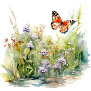 Imágenes prediseñadas de mariposas y flores silvestres, PNG de acuarela pintada a mano, ilustración rústica de prado floral, arte digital inspirado en la naturaleza para manualidades DIY