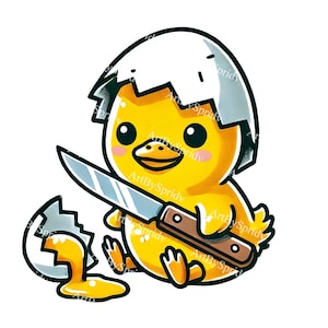 Yellow Duckling Eggshell Hat & Knife PNG Clipart, Cute Cartoon Baby Duck Digital Clip Art for Sublimation, Stickers, DIY Craft Projects