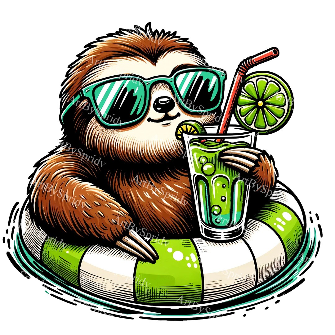 Sloth Relaxing on Inflatable Ring Digital Clipart - Tropical Vacation ...