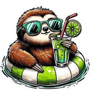 Lenistwo relaksujące się na nadmuchiwanym pierścieniu cyfrowy clipart - Tropikalne wakacje leniwiec PNG, słodkie zwierzęce cliparty do letnich projektów, natychmiastowe pobieranie