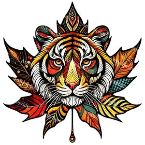 Cara de tigre audaz con patrón intrincado de hojas de arce PNG Clipart, Clip Art de vida silvestre para camisetas, tazas, sublimación, calcomanías, carteles, manualidades de bricolaje
