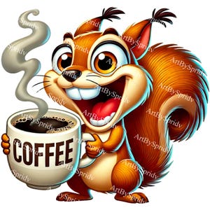 Coffee-Loving Squirrel PNG Clipart-Cute Cartoon Animal with Steaming Mug, Transparent Clip Art for Coffee Lovers, DIY Crafts, Fun Decor, DTG