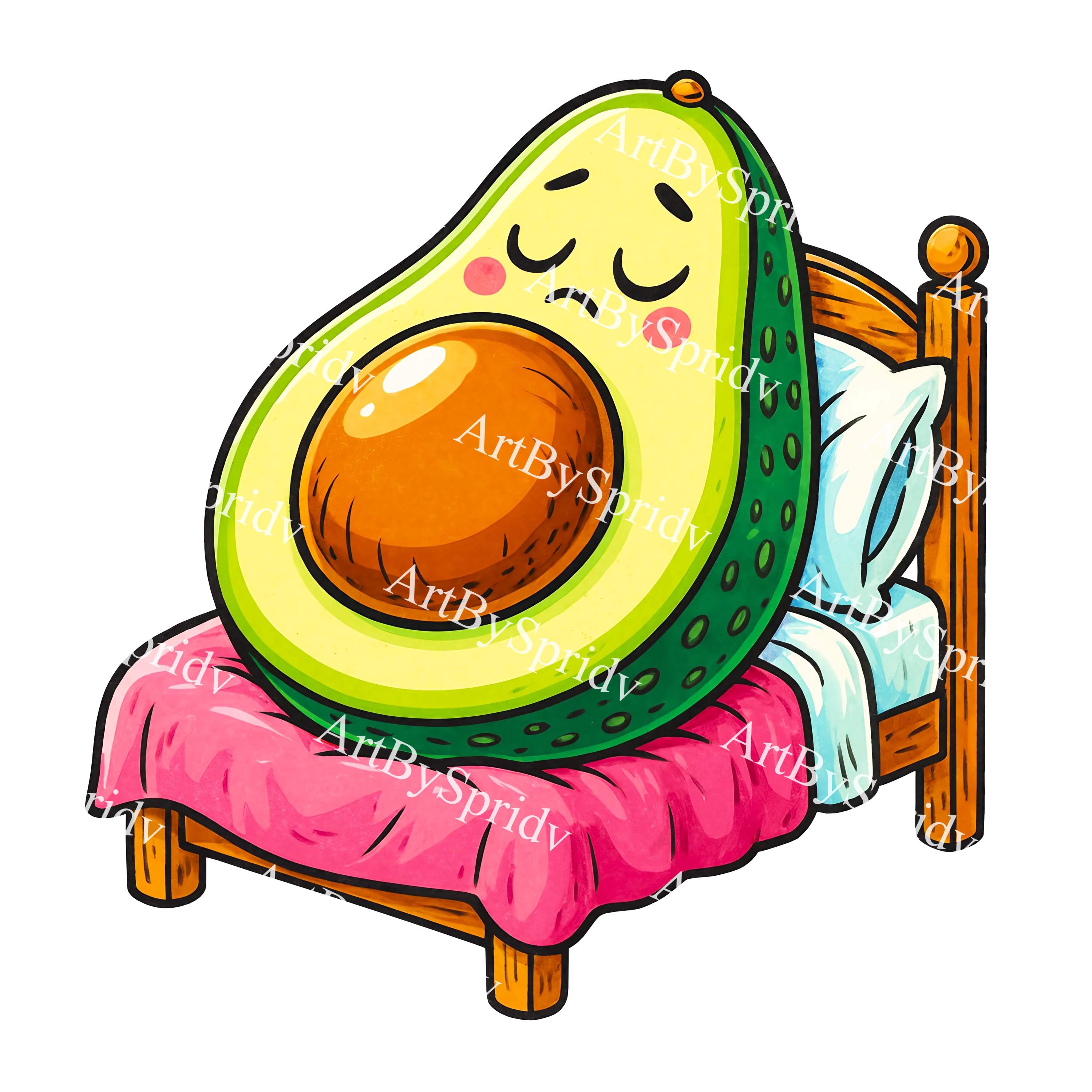 Sleepy Avocado in Bed Clipart PNG – Cute Kawaii Fruit Cartoon ...