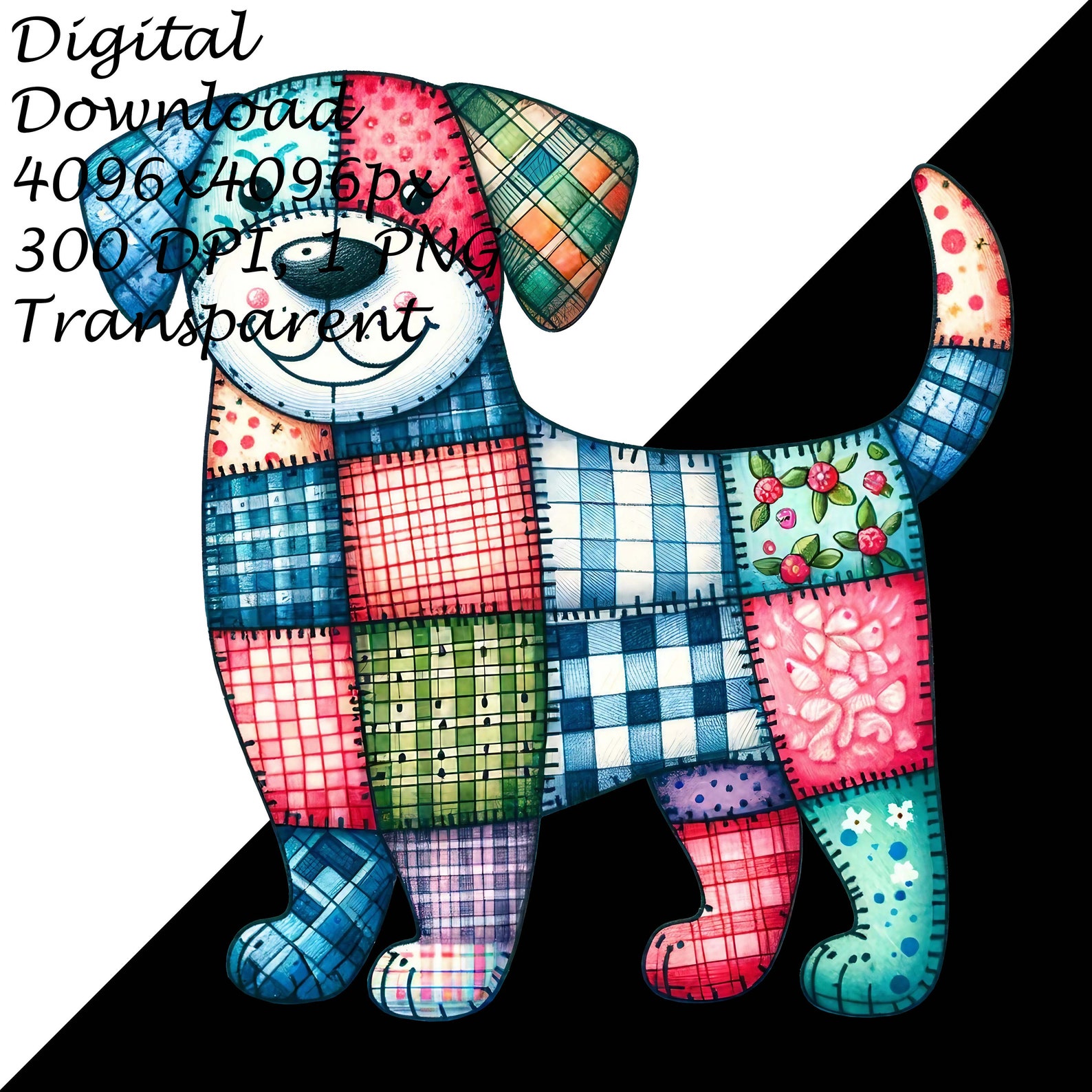 Patchwork Dog Clipart-whimsical Fabric Patterns,colorful Animal Digital ...