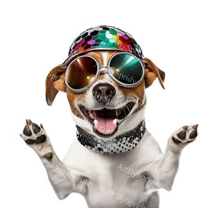 Disco Dog Clipart PNG, Fun Dog with Sunglasses & Sequin Headband, Retro Party Dog Illustration for Stickers, T-Shirt, Mug, Digital DIY Craft