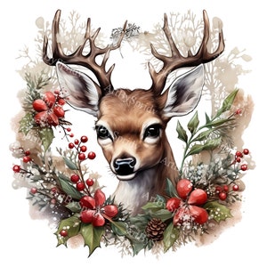 Christmas Deer With Tree Wreath Transparent PNG Clipart,Kids/Adults Cartoon Design, Printable Sublimation,Commercial,Magical Animal Clip Art