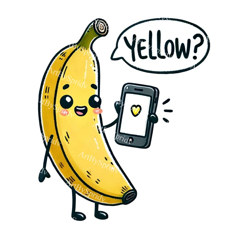 Cartoon Banana Holding Smartphone PNG Clipart-Cute Yellow Fruit Illustration for Digital Download,Fun&Playful Printable Art for DIY Project