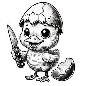 Puede incluir: Una ilustración en blanco y negro de un pollito bebé saliendo de un huevo. El pollito sostiene un cuchillo en su mano derecha. El pollito lleva una cáscara de huevo rota en la cabeza.