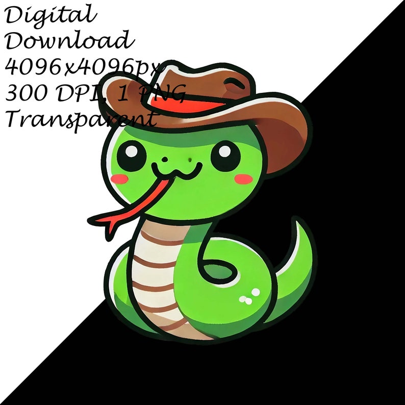 Cartoon Snake in Cowboy Hat PNG Clipart, Adorable Western Cute Green Snake Digital Download for Kids&Nursery Art,Kawaii T-Shirt Sublimation