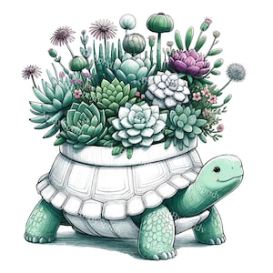 May include: A green turtle with a white shell carrying a pot of succulents and flowers. The pot is overflowing with a variety of green succulents and pink and purple flowers.