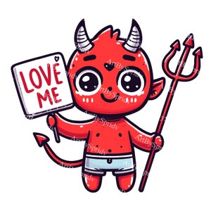 Red Devil Clipart Holding Love Me Sign, Cute Devil PNG, Valentine's Day Digital Art, Cartoon Devil with Trident and Horns, Instant Download