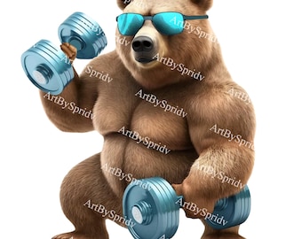 Cute Athletic Teddy Bear Gym PNG-Transparent Animal Clipart for Kids/Adults Cartoon Design,Printable Sublimation,Commercial use, Clip Art
