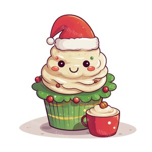 クリスマスツリーケーキとサンタの帽子とコーヒーカップ - 透明なPNGクリスマスクリップアート - 印刷可能なTシャツ、マグカップ、タンブラー昇華クリップアート、コマーシャル
