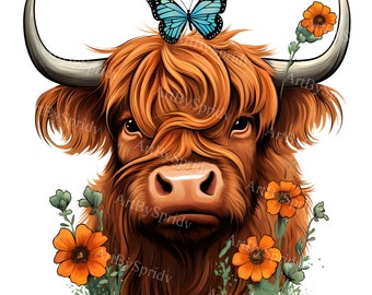 Highland Cow with Butterfly & Wildflowers PNG Clipart, Cute Farm Animal Digital Clip Art Illustration, Rustic Boho Cow Clip Art, DIY Craft