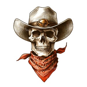 May include: A skull wearing a brown cowboy hat with a gold buckle and a red bandana. The skull has a toothy grin.