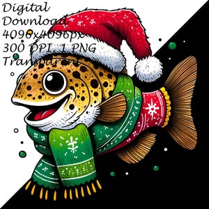 Festive Fish Clipart: Christmas Fish with Santa Hat and Scarf,Winter Holiday Fish PNG,Colorful Fish Illustration for Holiday DIY Craft&Decor