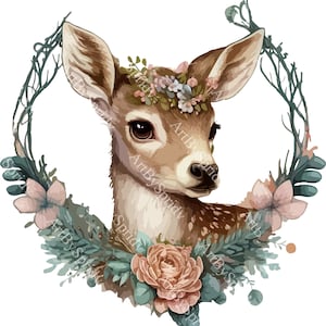 Cute Floral Woodland Deer PNG Clipart, Transparent Forest Animal Clip Art, Printable Sublimation For Kids/Adult, Commercial Use,Baby Shower