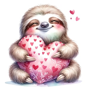 Valentine's Day Sloth Clipart - Happy Sloth with Heart Pillow PNG, Digital Download for DTG, Mugs, Tumblers, Sublimation & Scrapbooking