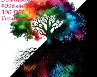 Watercolor Rainbow Tree Clipart - Abstract Colorful Tree With