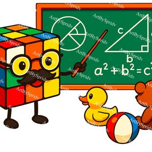 Cute Cartoon Rubik's Cube Teacher with Blackboard & Toys Transparent PNG, Funny Math Classroom Decor, Digital Download for Kids Room,T-Shirt