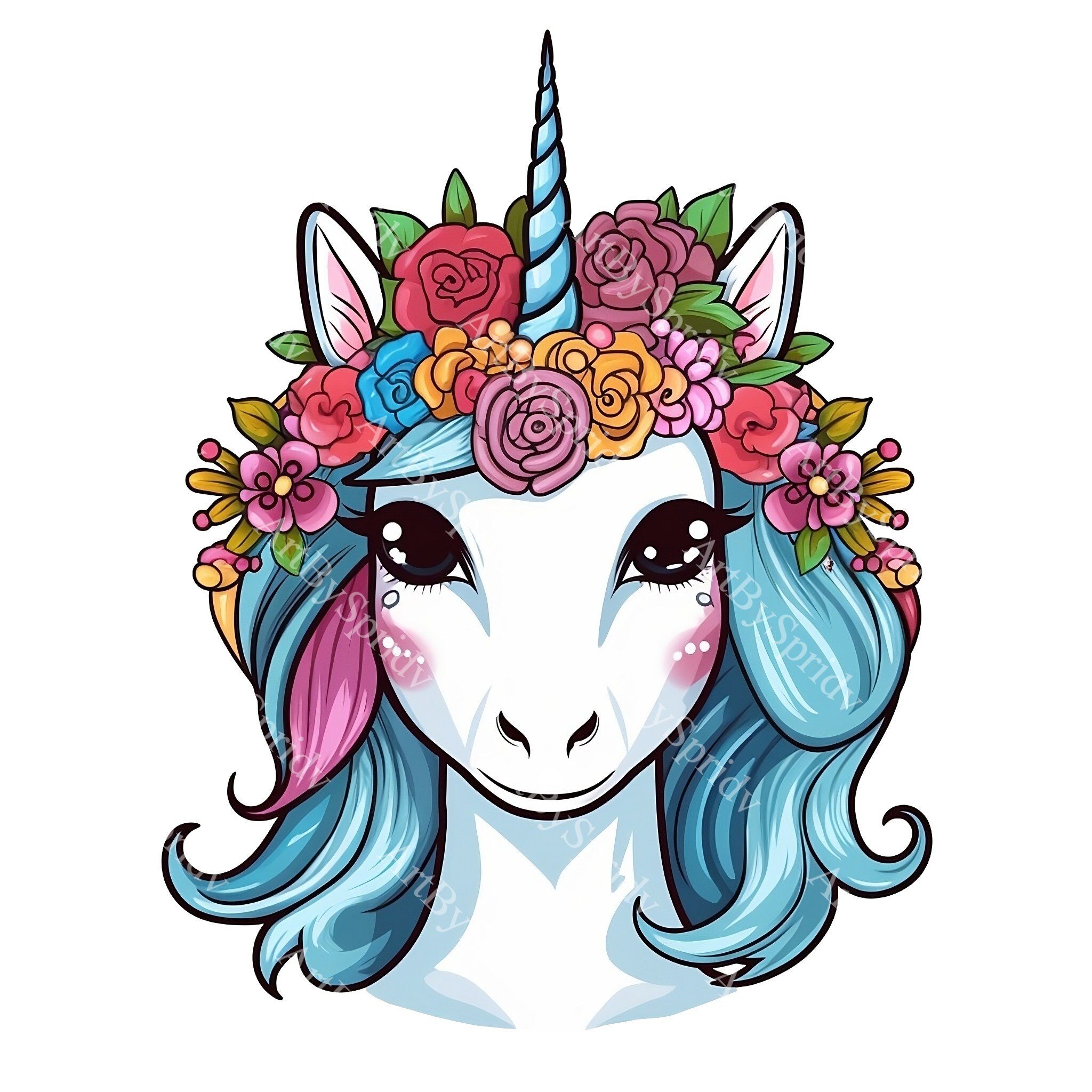 く*み様 手描きイラスト　ユニコーン 花の冠が付いた魔法のユニコーン PNG クリップアート、招待状