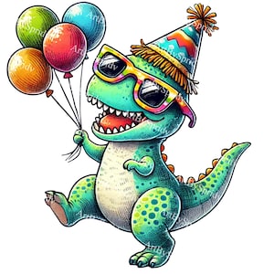 T-Rex Geburtstags-Dino mit Luftballons und Partyhut PNG Clipart, lustige Dinosaurier-Dekor für Kinder, Kinderzimmer, digitaler Download Clip Art für T-Shirt, DIY