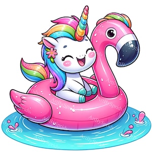 Fantazyjny jednorożec na pływającym flamingu Clipart | Urocza letnia grafika | Wydrukowany sublimacyjny PNG | Dekoracja na imprezę dla dzieci | Zrób to sam Pobieranie cyfrowe