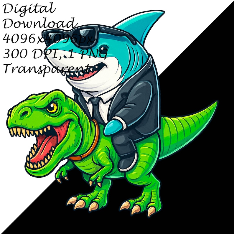 Shark in Suit Riding T-rex Clipart Transparent PNG | Sunglasses Shark ...