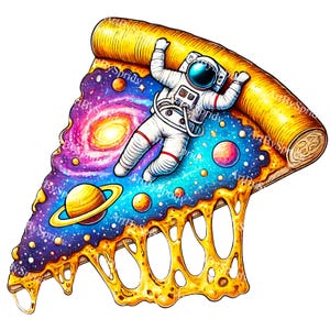 Astronauta espacial en una porción de pizza galáctica, clipart PNG transparente, clip art digital cósmico para álbumes de recortes, pegatinas, camisetas, tazas de sublimación