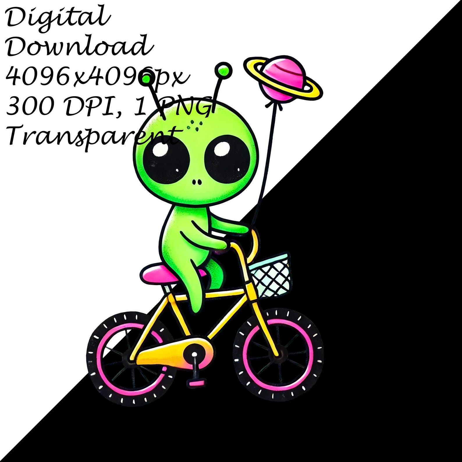 Alien Riding Bike Clipart PNG, Cute Space Alien With Planet Balloon for ...