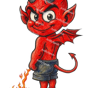 Puede incluir: Ilustración de un diablo rojo de dibujos animados con cuernos, alas y cola. El diablo lleva pantalones cortos azules y parece estar orinando fuego. La obra está firmada "ArtBySpridv" en varios lugares.