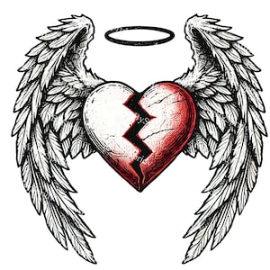 Heartbroken Angel Wings PNG Clipart,Broken Heart with Halo,Tattoo Sublimation Design,Gothic Valentine's Day Clip Art,Spiritual Illustration