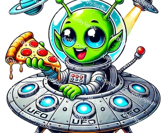 Alien Pizza PNG | Funny UFO Cartoon Clipart | Kawaii Space Alien Eating Pizza | Sci-Fi Digital Download | Retro Futuristic Sublimation Art