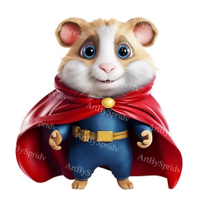 Superheldhamster, PNG-afbeelding: schattige cartoonhamster in cape en pak – transparante illustraties voor knutselen en DTG-T-shirt, mok