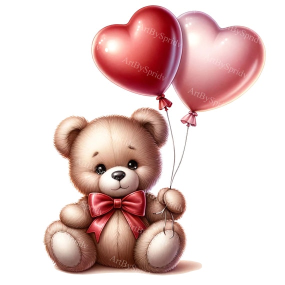 Valentine Teddy Bear With Red Bow Clipart Heart Balloons PNG Digital Download for DTG Mugs Tumblers Sublimation Scrapbooking Clip Art