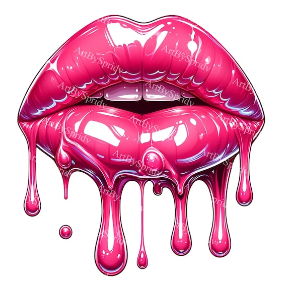 Glossy Dripping Lips Clipart - Vibrant Pink Lip Art PNG, Digital Download for Invitations, Beauty Bloggers & DIY Crafts,Drip Effect Graphics