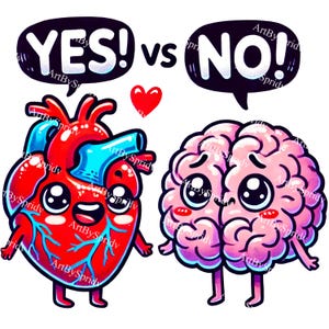 Heart vs Brain Cartoon Clipart PNG | Funny Yes vs No Art Design for T-Shirts, Stickers, Mugs, Cute Heart & Brain Digital Printable DIY Craft