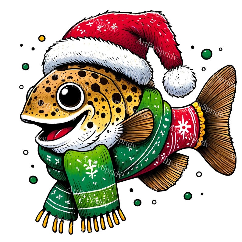 Festive Fish Clipart: Christmas Fish with Santa Hat and Scarf,Winter Holiday Fish PNG,Colorful Fish Illustration for Holiday DIY Craft&Decor image 1