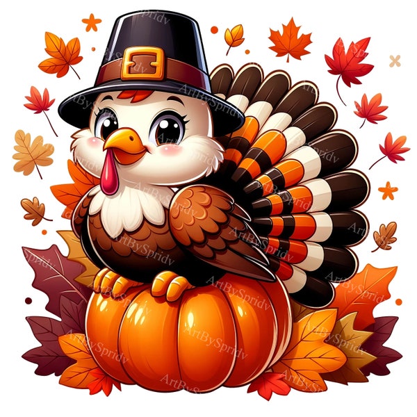 Thanksgiving Turkey Clipart - Cartoon Turkey with Pumpkin, Pilgrim Hat & Leaves - Digital PNG for T-Shirts, Mugs, Tumblers, Scrapbooking