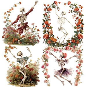 Floral Skeleton Dancing PNG Clipart Bundles, Halloween Skull Clip Art with Flowers, Vintage Dance Skeleton for DIY Crafts & Digital Projects